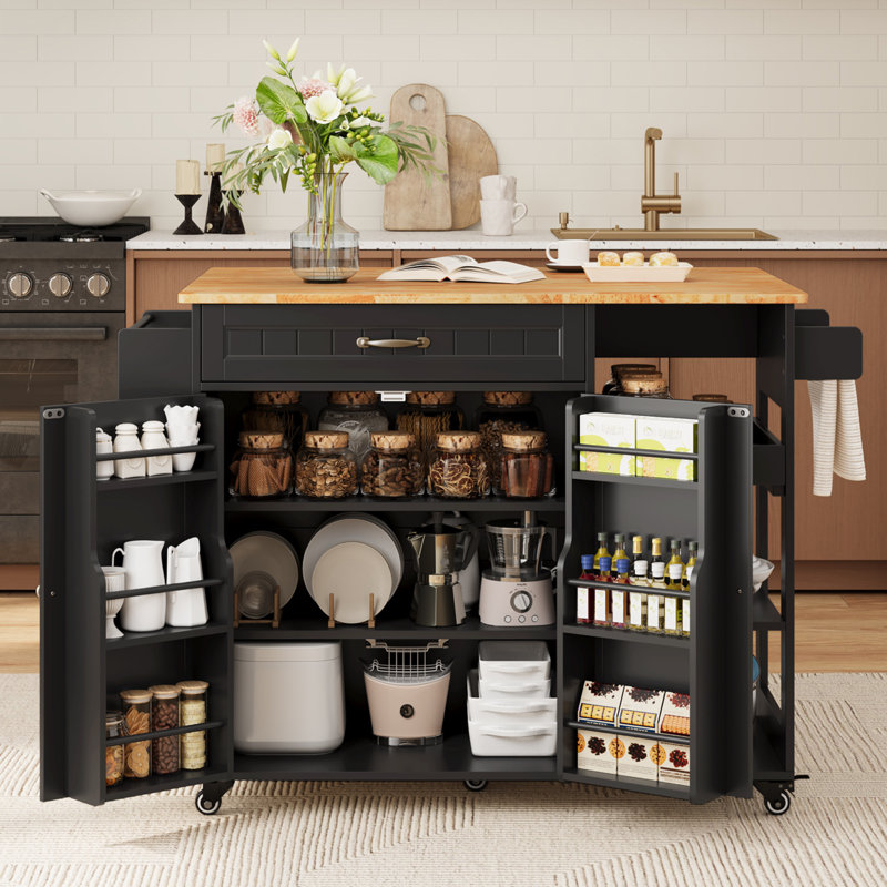 Elik Solid Wood Top Kitchen Island Cart with Wheels & Open Adjustable Shelves, Black