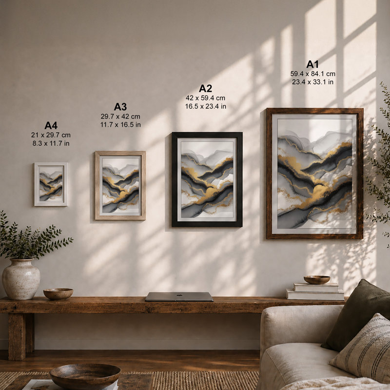 Flowing Waves in Gold Minimalist - Framed Print, Walnut, A1 - 84.1 x 59.4 cm