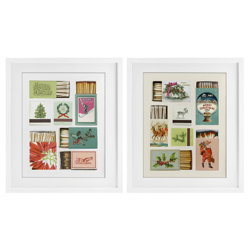 Festive Christmas Match Boxes, ensemble de 2 impressions encadrées sous verre, design par Victoria Barnes, H 16 po x l 13 po