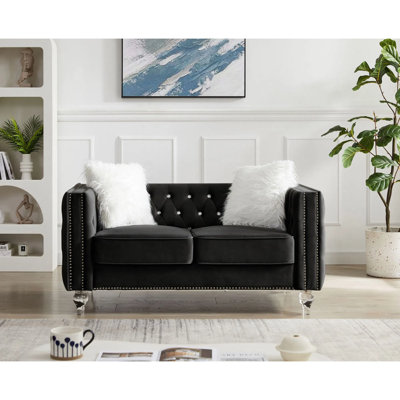 Velvet Upholstered Sofa With Crystal Feet Tufted Backrest Loveseat Removable Cushions For Living Room Modern Furniture