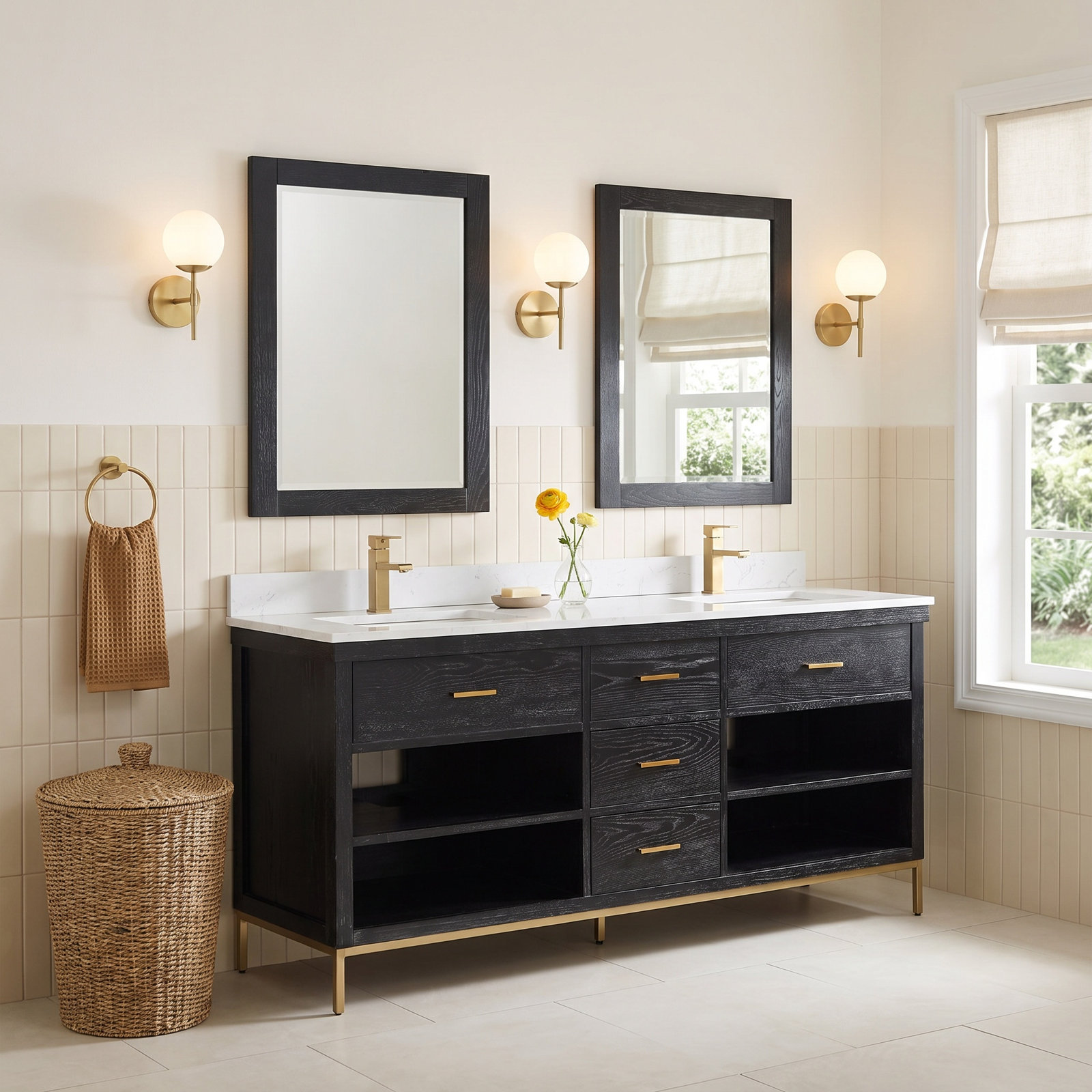 Kesia 72'' Double Bathroom Vanity, Black, Gold