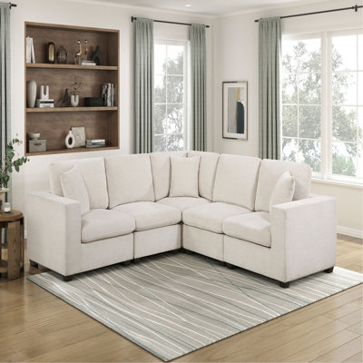 Contemporary 5-Piece Modular Sectional Corner Sofa Chenille Upholstery Foam Cushion Pillows Plywood Frame Living Room Furniture