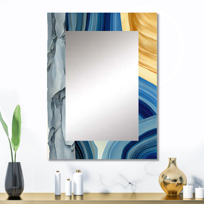 «Bold Blue Brush Strokes III», miroir mural à spirales abstraites, miroir décoratif moderne, art imprimé en métal