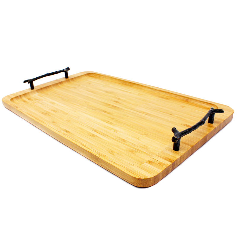 Bamboo Serving Tray with Wrought Iron Handles, 15.5"