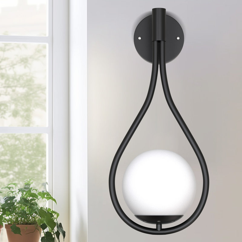 15.7'' Teardrop Design Wall Sconce With Global Frosted Glass Shade For Bedroom Bedsides, Matte Black