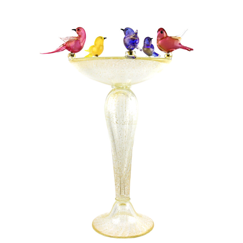 Bain d'oiseaux en verre de Murano avec 5 oiseaux de couleurs assorties