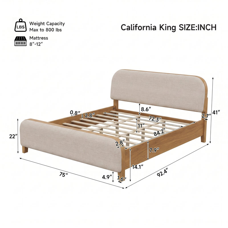 Cadre de lit plateforme Yelton Modern Boucle avec tête et pied de lit arrondis, pieds en pin pour une chambre à l'ambiance feutrée