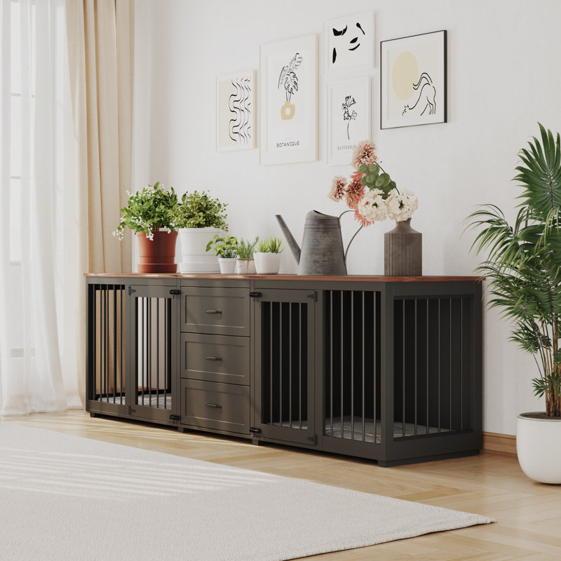 Dalayza Wood Pet Furniture Style Crate with 2 Doors, Walnut/Black