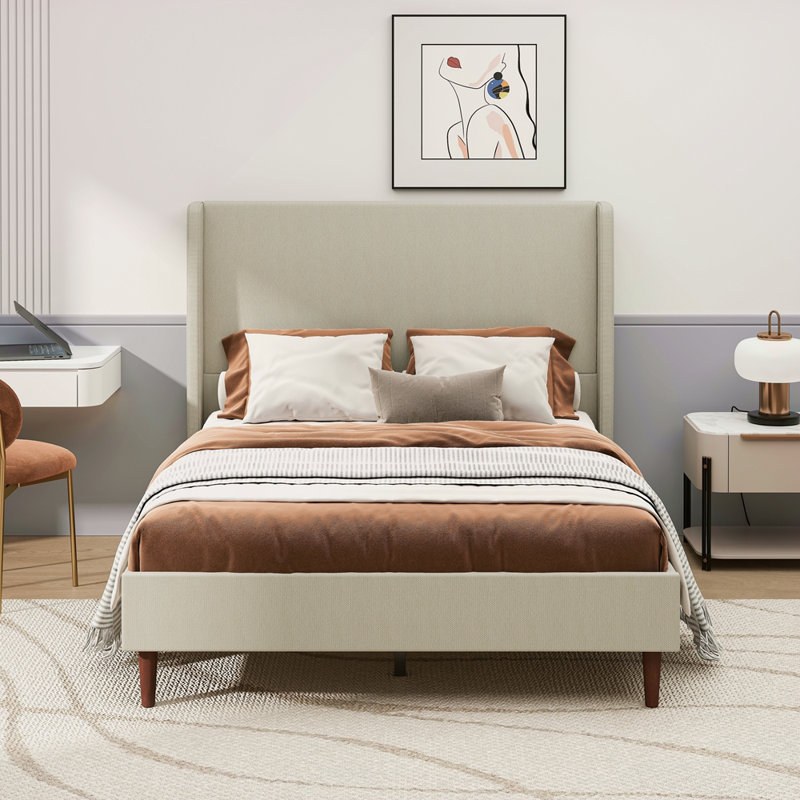 High Headboard Upholstered Bed, Bed Frame, 12-Slat Support, Easy To Assemble, Beige, Linen Cloth, No Box Spring Needed, Queen