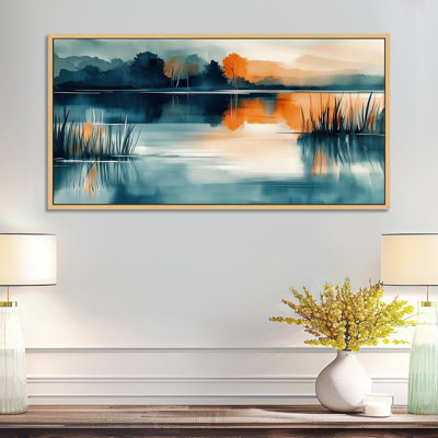 «Blue Orange Sunset Lake Simplicity - Blue Serene Wall Decor, Nature», impressions encadrées