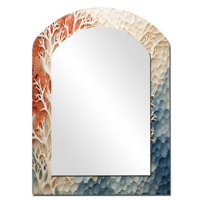 Pink And White Coastal Coral Collage I - Corals Asymmetrical Decorative Wall Mirror, Cream Arch Mirror, Printed Metal Art