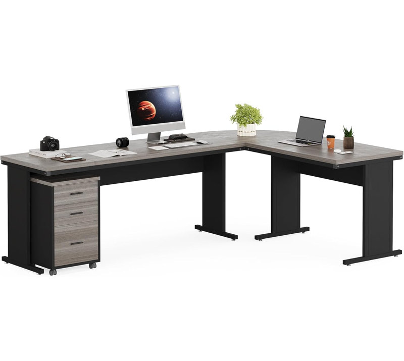 83 Inch L-Shaped Office Desk With 3-Drawer File Cabinet, Gray/Black