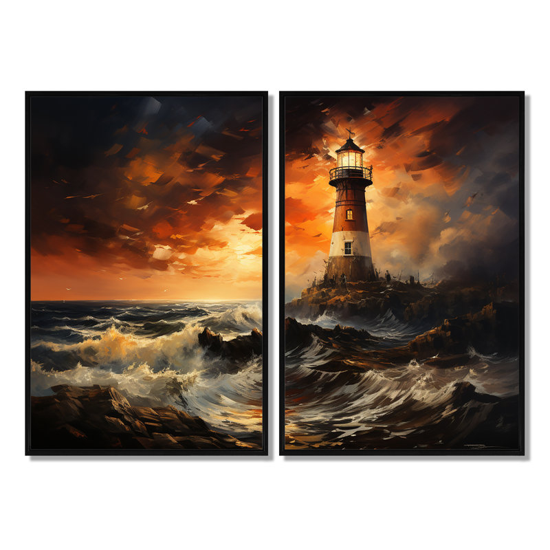 Danemark - phare lumineux - ensemble d'art mural orange - 2, 36" H x 48" W, Impression encadrée flottante, Black