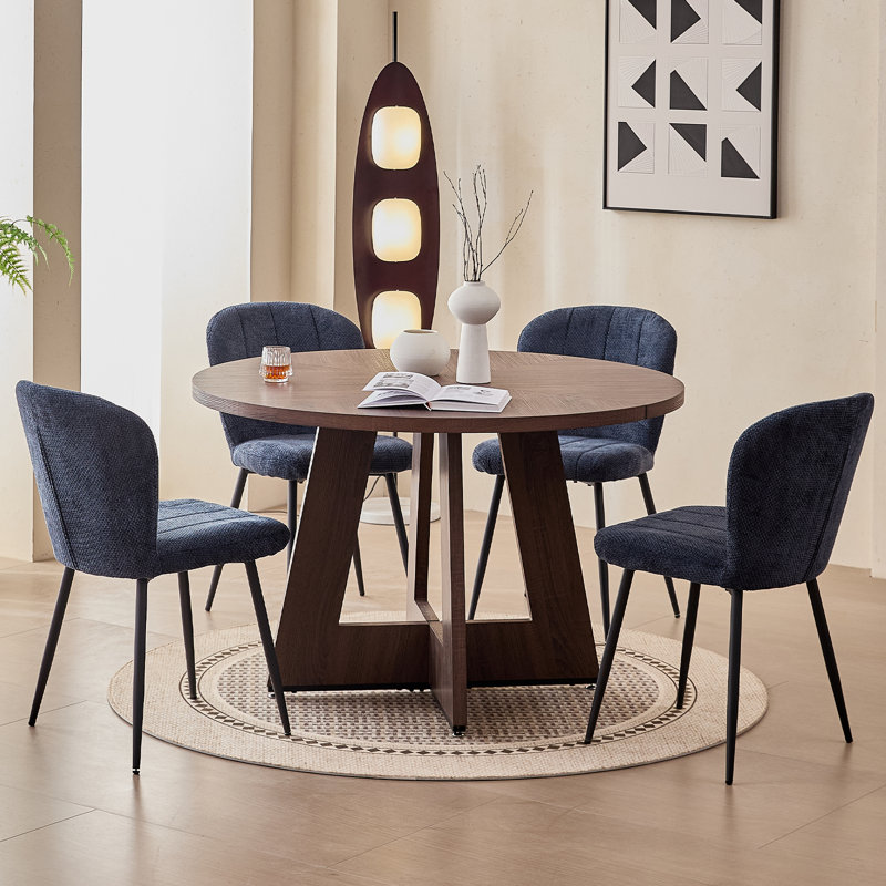 5-Piece Modern Round Dining Set, Walnut Table With 4 Blue Upholstered Chairs, Blue, Brown