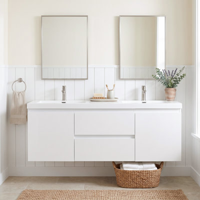 Meuble-lavabo suspendu de 60 po en mélamine de bois avec 2 lavabos intégrés en résine, armoire de salle de bain blanche avec tiroirs et armoires à fermeture douce et poignées supprimées