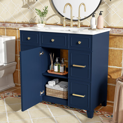 Meuble-lavabo de 36 po avec cadre en bois massif de lavabo en céramique, portes à fermeture en douceur, tablettes réglables, 3 tiroirs, y compris un tiroir à double profondeur pour le rangement du sèche-cheveux