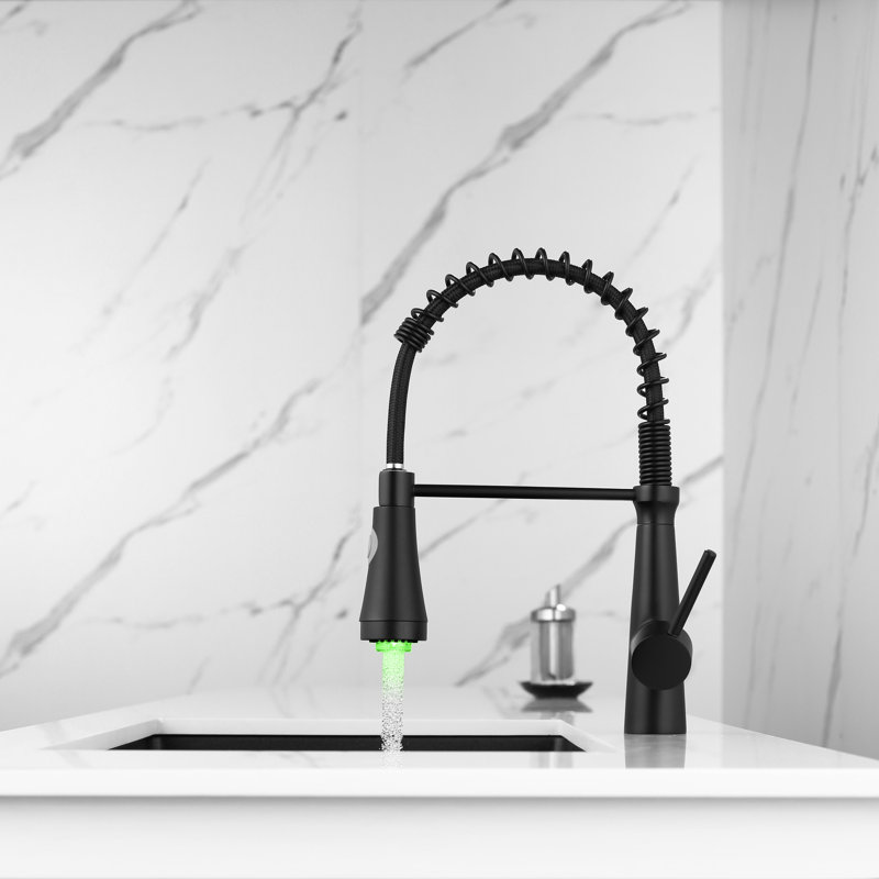 Robinet de cuisine rétractable à DEL, poignée simple, finition noire, rotatif à 360 °, robinet de nettoyage rapide et sans effort avec tirette, levier, rotation, simple