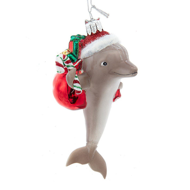 Kurt Adler Noble Gems Glass Christmas Ornament, Dolphin with Santa Hat and Gifts