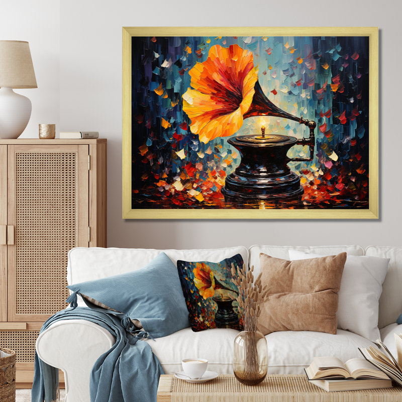 «Phonograph Pointillism Multicolor II», reproduction sur toile, Cadre doré à une seule photo, H 12 po x l 20 po x P 1 po
