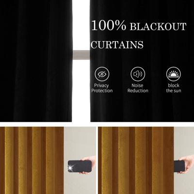 Aikens Velvet 100% Blackout Curtains , Back Tab Hooks Drapes,Room Darking Thermal Insulated Drapes(Set of 2,With Hooks)