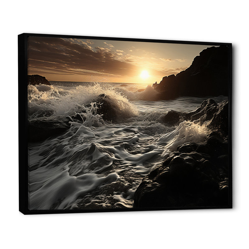 Photo de plage avec vagues ensoleillées - impression, H 30 po x l 40 po x P 1,5 po, Cadre flottant noir