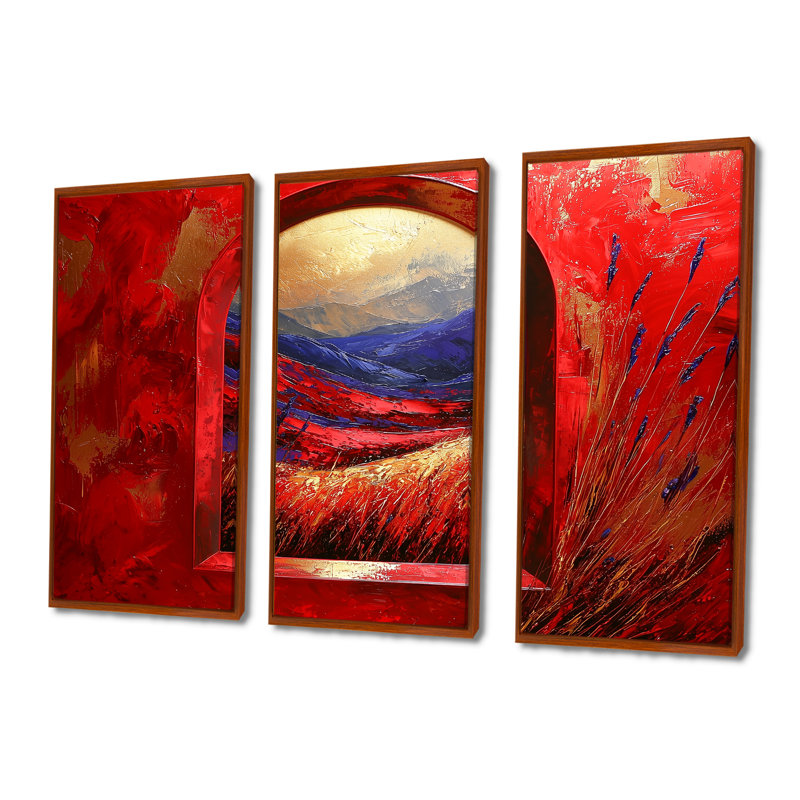 «Red Summer Meadow», ensemble d'art mural prairie, Toile avec cadre flottant brun, H 40 po x l 60 po x P 1 po