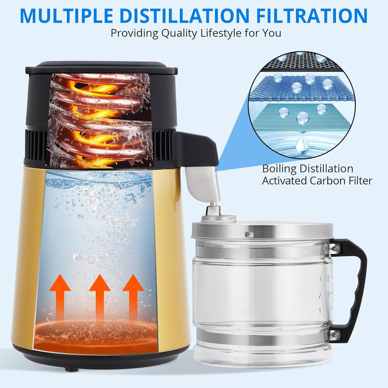 Machine à eau distillée 4L, purificateur d'eau domestique en acier inoxydable, Jaune
