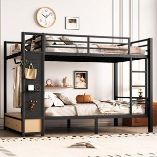 size Metal Bunk Bed for Teens with Storage Shelves ,Drawers and Pegboard