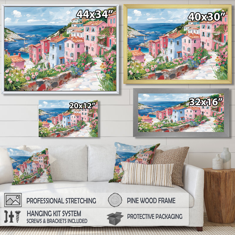Rose, vert, charmant, Italie, bord de mer, village II - art mural Italie, H 16 po x l 32 po, Toile tendue