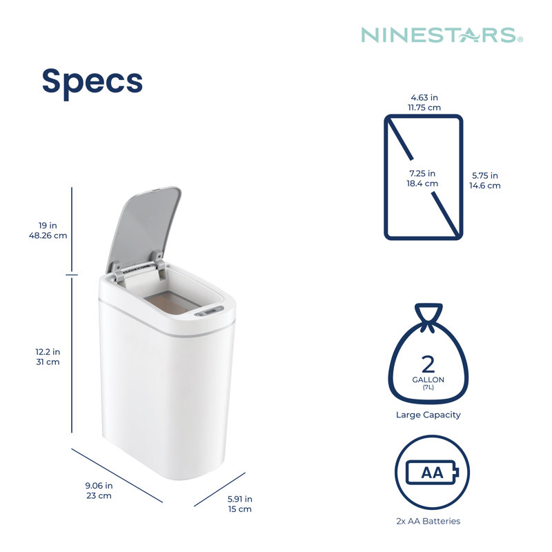 Ninestars Automatic Mothion Sensor ABS Slim Trash Can Combo set for Bathroom, 1.8Gal 7L each, 2 pack, White, DZT-7-2B