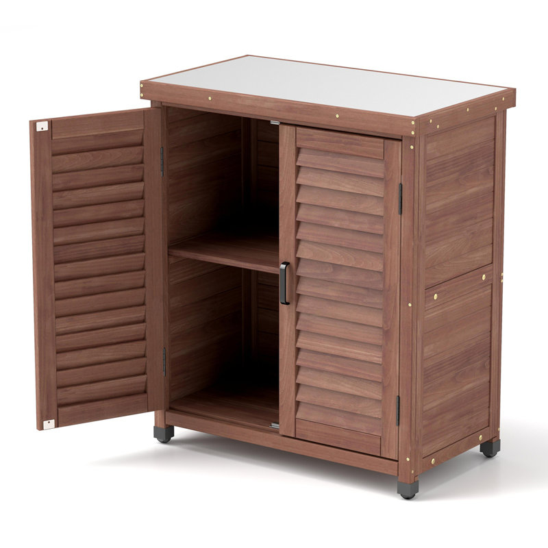 Banc de rempotage avec armoire de rangement et plateau de table en métal, Brun