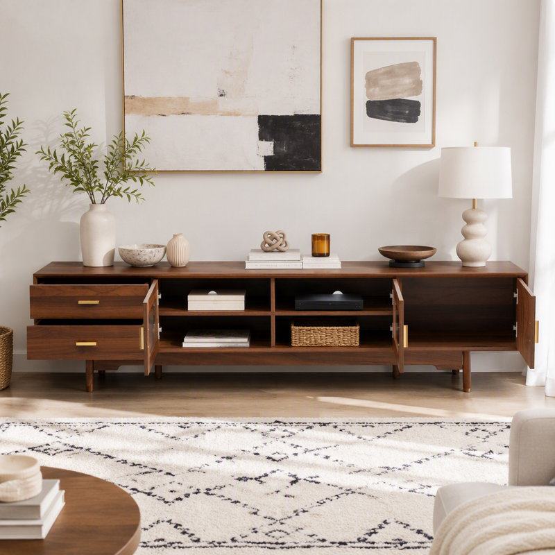 TV Stand with Fluted Glass Doors & Solid Wood Legs