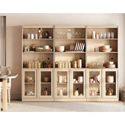 Buffet en bois de 240 cm de large avec portes vitrées et étagères réglables, meuble de rangement de 183 cm de haut pour salle à manger et cuisine