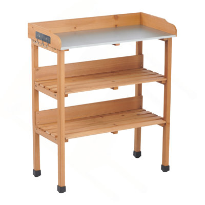 30″X14.5″×35.5″ Potting Table W/Metal Tabletop, 3 Layers Outdoor Work Bench W/Hook For Garden, Solid Wood Workstation For Garage