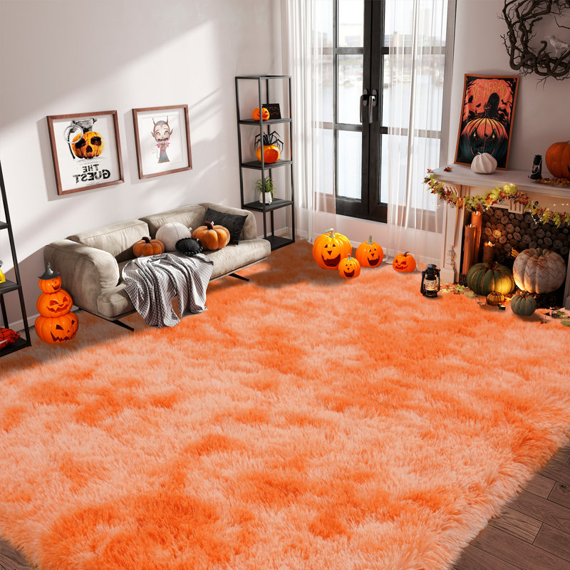 9x12 ft Fluffy Rug for Living Room, Soft Tie-Dyed Orange Area Rug, Non-Slip Carpet for Bedroom Home Decor, Rectangle 9' x 12'
