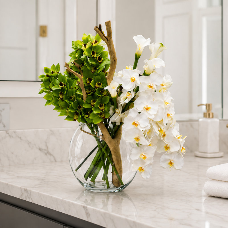 Moon Glass Vase with Green Cymbidiums, White Orchids, Driftwood and Callas