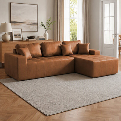 Canapé-lit de coin en similicuir avec méridienne à compression, canapé modulaire en L avec éponge haute densité, canapé convertible sans assemblage requis pour le salon, appartement, chambre d'amis (brun clair)