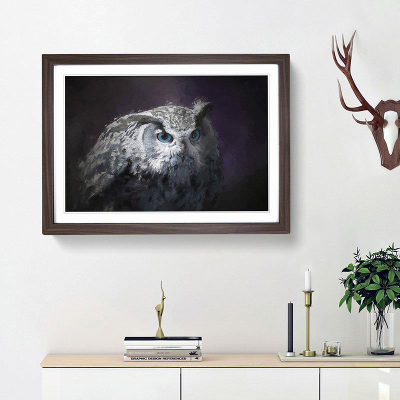 Blue Eyed Eurasian Eagle Owl in Abstract - Picture Frame Painting Print, Walnut Framed, 62cm H x 87cm W x 2cm D