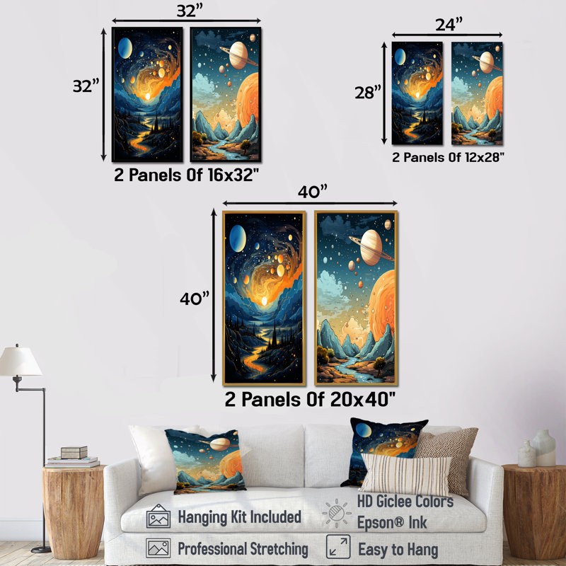 Ensemble de 2 impressions sur planètes bleues et planètes cosmiques bleues et orange, H 32 po x l 33 po, Encadrement doré