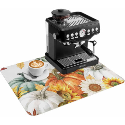 Tapis de café, dessous de plat pour cafetière, motif rustique citrouille de Thanksgiving, absorbant et antidérapant, accessoire de bar à café, tapis d'égouttage pour comptoir de cuisine, motif champêtre d'automne et feuilles de tournesol, 45,7 x 76,2 cm