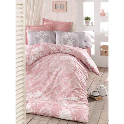 Ensemble de housse de couette 100% coton double Ranforce, rose / blanc / gris, 79,0 po x 79,0 po | 140 fils au pouce carré, lavable à la machine | Comprend 2 taies d'oreiller (23,6 po x 23,6 po) avec fermeture à enveloppe | Literie douce et confortable pour un sommeil confortable