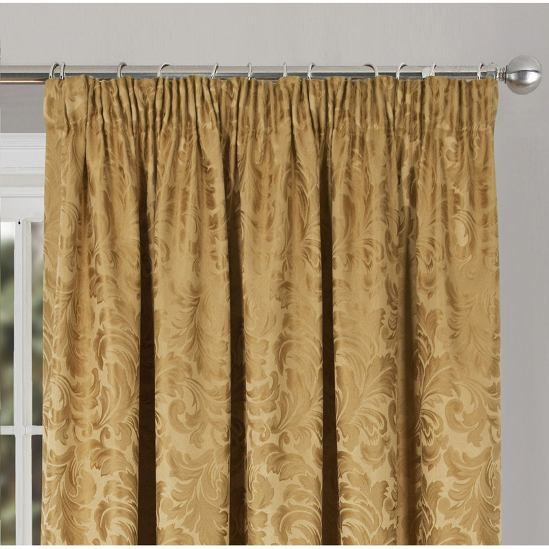 Hallas Pencil Pleat Damask Jacquard Curtains, 114 W x 122 D cm, Gold