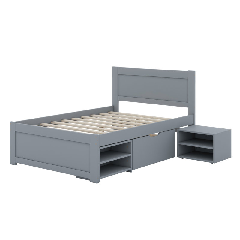 Lit plateforme avec tiroir et tablettes, gris