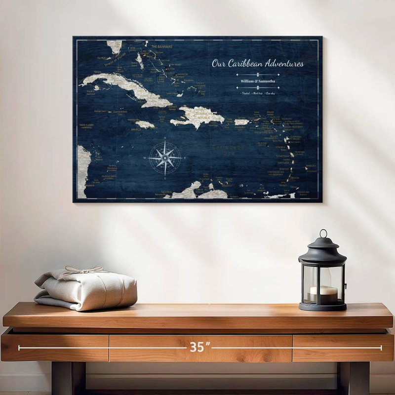 Personalized Wood III Push Pin Caribbean Map, 16" H x 24" W, Yes