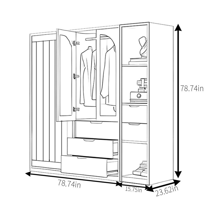Retro Simple Push Pull Wardrobe, 78.74" H x 94.49" W x 23.62" D