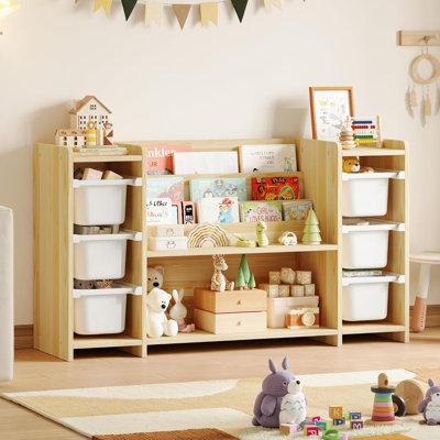 Organisateur de rangement de jouets pour enfants 23,6 po, organisateurs de jouets en bois de pin et armoire de rangement avec étagère à livres à 3 niveaux, 6 bacs à jouets, bibliothèque pour enfants pour la chambre de bébé et la salle de jeux