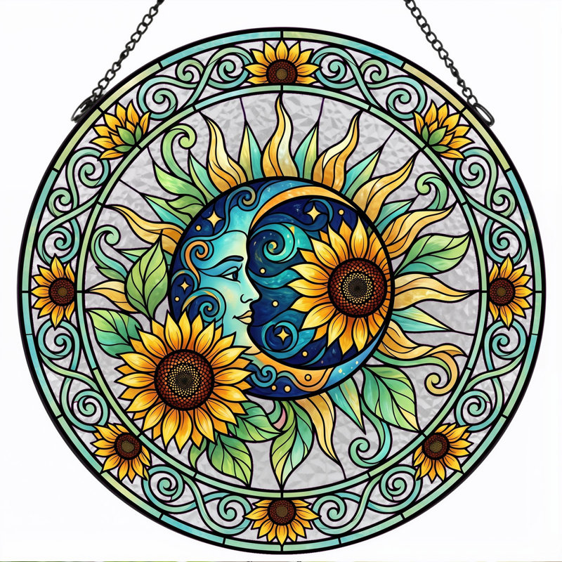 Sun Moon Stained Glass Window Panel，12"H, 12"H