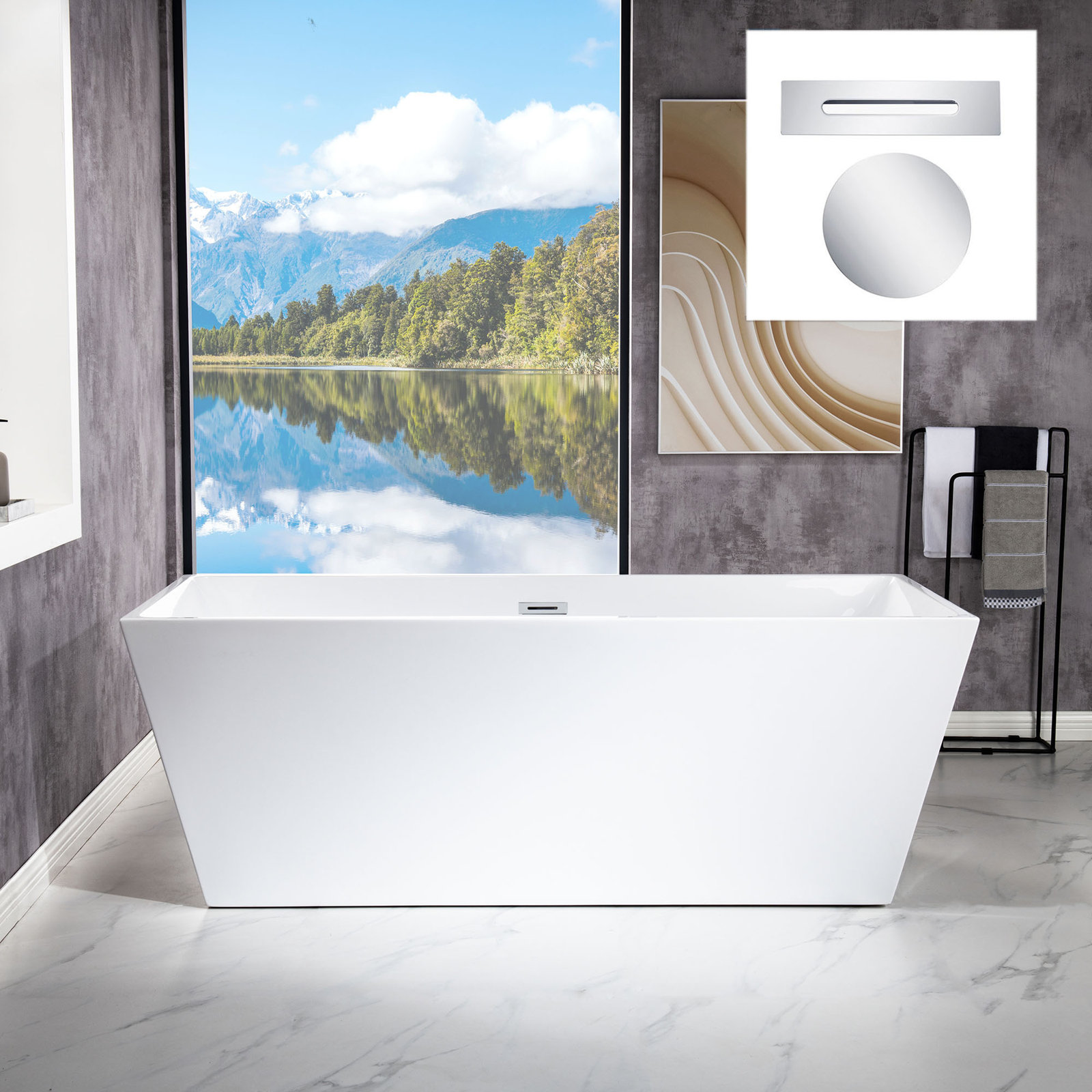 67" x 32" Freestanding Soaking Acrylic Rectangular Bathtub, Non-Slip Design, White, Chrome
