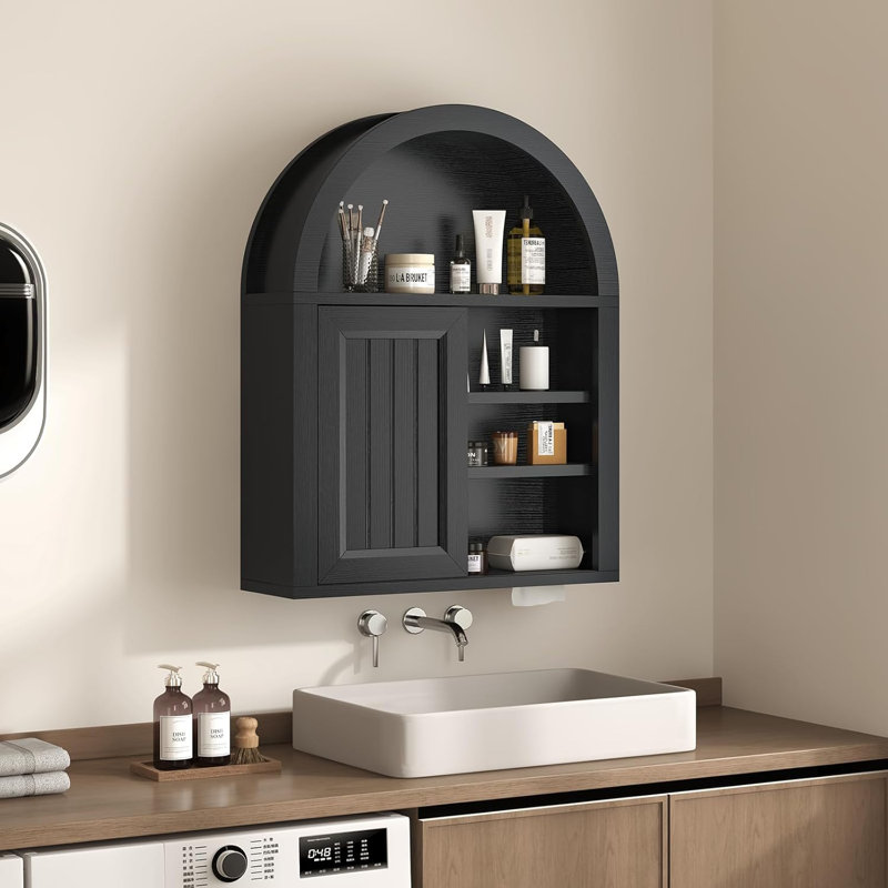 Arched Bathroom Wall Cabinet, Over The Toilet Cabinet With Sliding Door And Adjustable Shelf, Wall Mounted Cabinet, Black