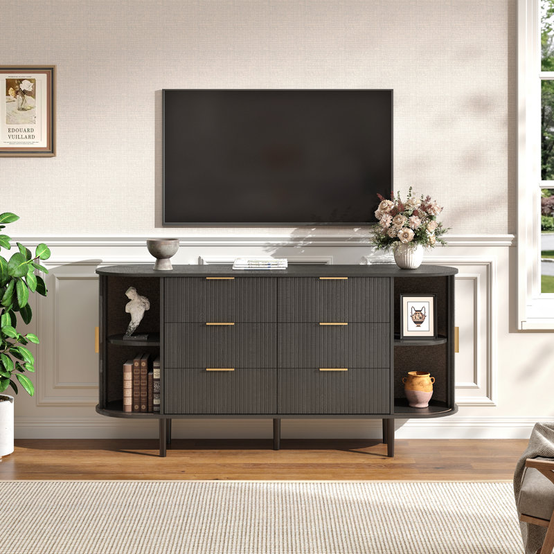 Luxury 63" Fluted TV Stand, Modern Chic Entertainment Center For Tvs Up To 80 Inches, TV Console With Faux Marble Top, Curved Profile Design, Media Console For Living Room, （Black）